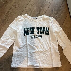 Zara White Long-Sleeve Tee with Dark Green "New York" Graphic